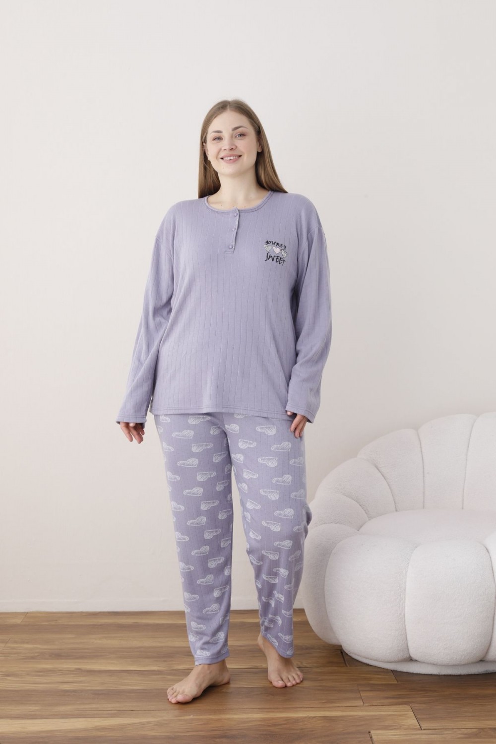 Kadın Raporlu İnterlok Kumaş Büyük Beden Düğmeli Pijama Takımı
