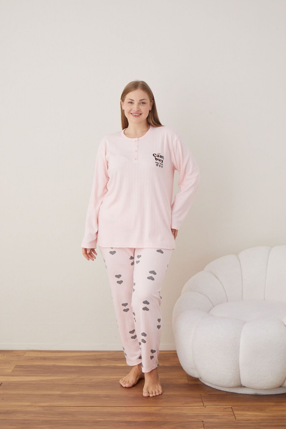 Kadın Raporlu İnterlok Kumaş Büyük Beden Düğmeli Pijama Takımı