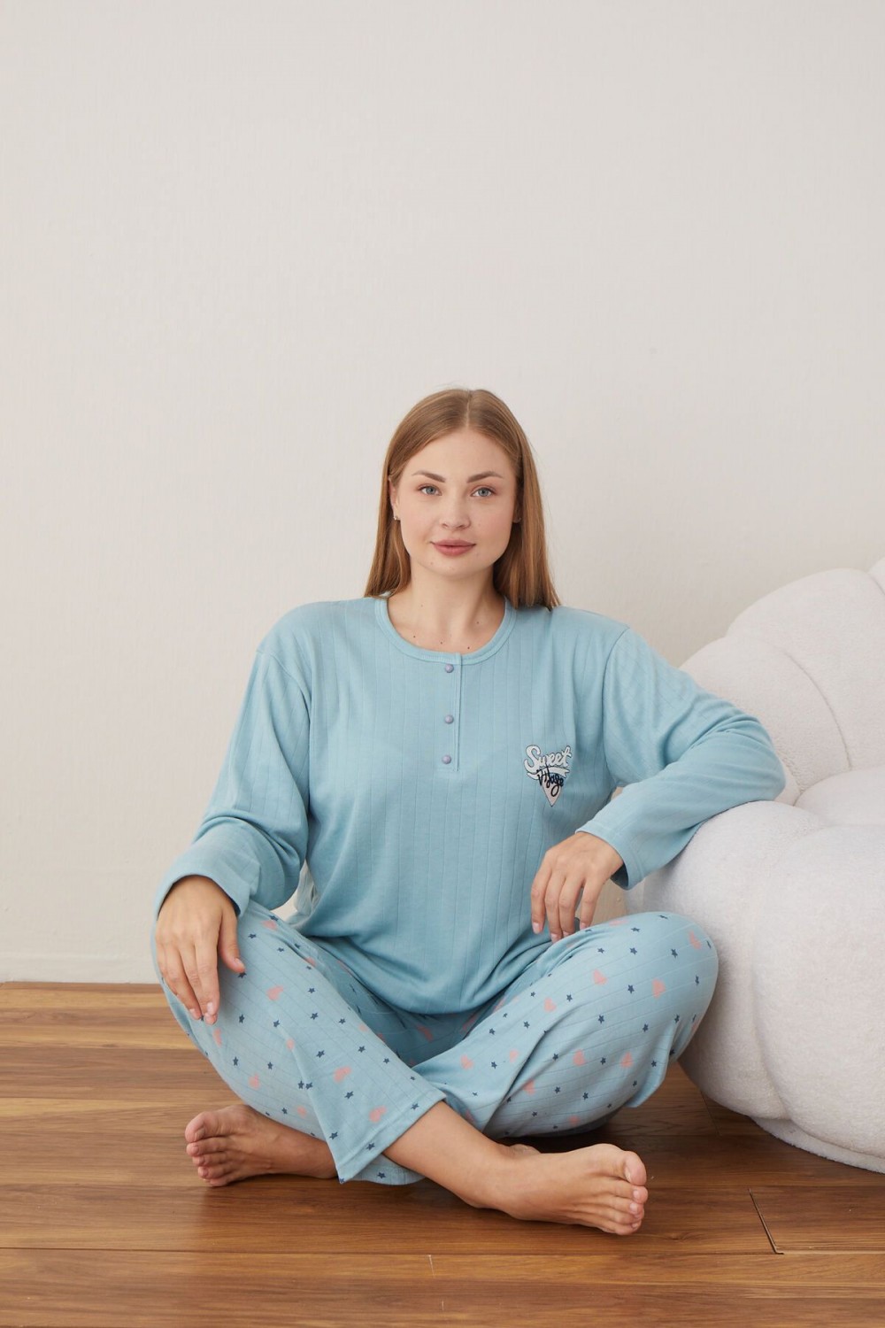Kadın Raporlu İnterlok Kumaş Büyük Beden Düğmeli Pijama Takımı