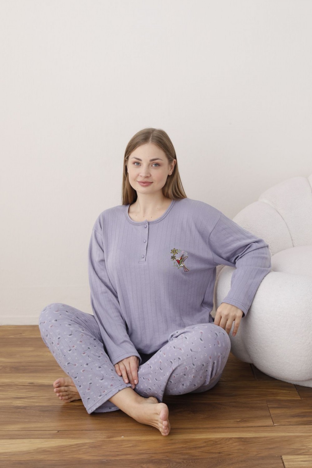 Kadın Raporlu İnterlok Kumaş Büyük Beden Düğmeli Pijama Takımı