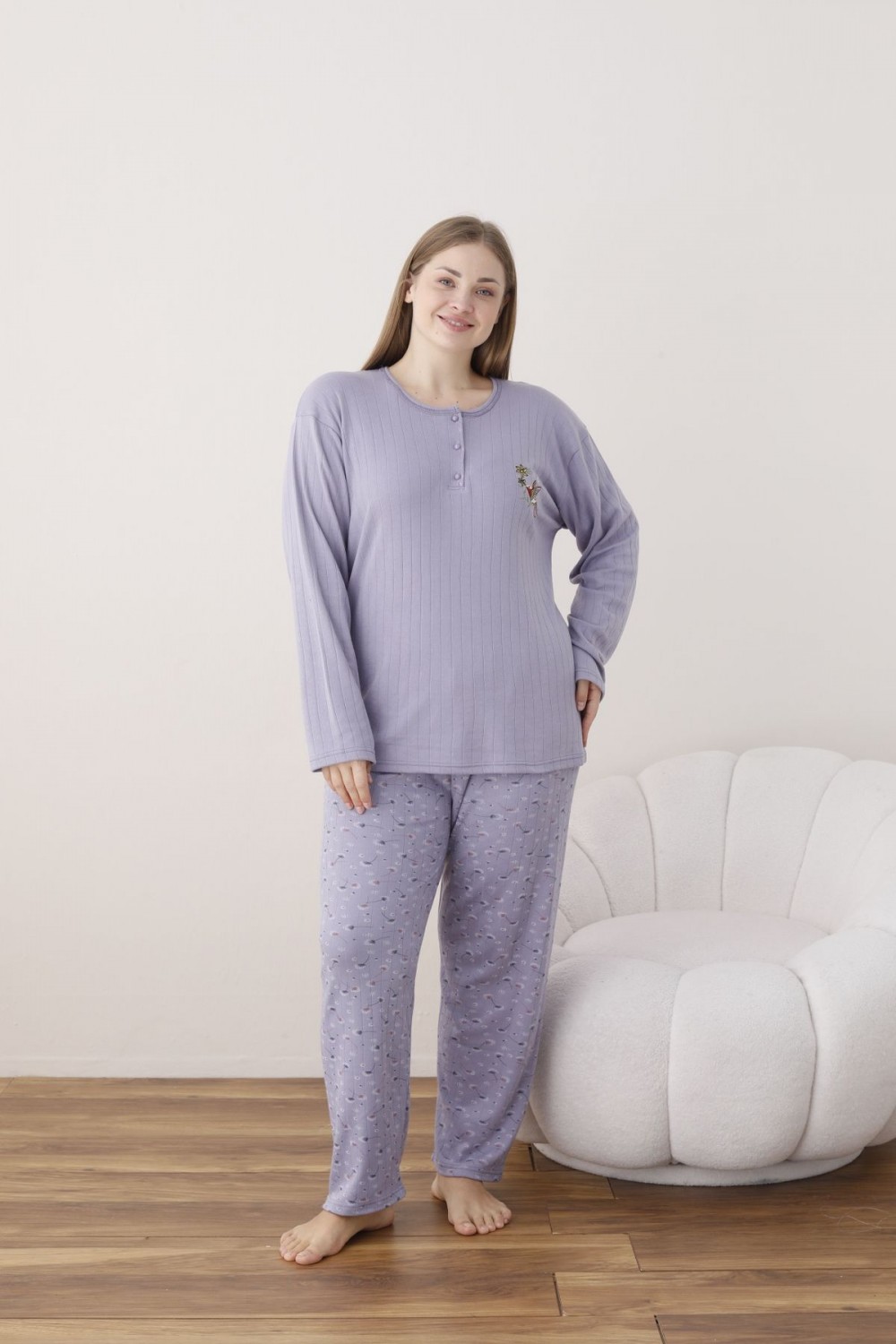 Kadın Raporlu İnterlok Kumaş Büyük Beden Düğmeli Pijama Takımı