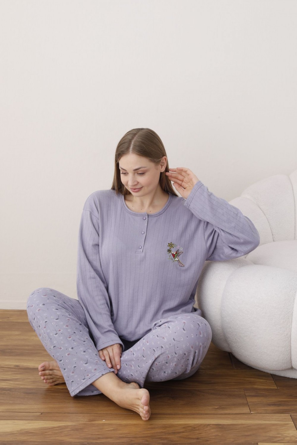 Kadın Raporlu İnterlok Kumaş Büyük Beden Düğmeli Pijama Takımı