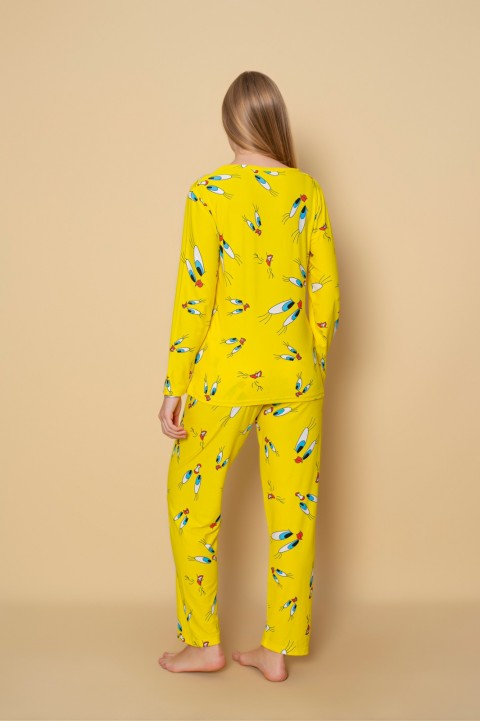 Kadın Sıfır Yaka Baskılı Süet Yumuşak Kumaş Uzun Kollu  Pijama Takımı