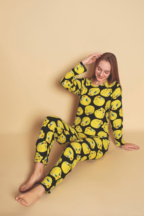 Kadın Sıfır Yaka Baskılı Süet Yumuşak Kumaş Uzun Kollu Pijama Takımı SİYAH-L