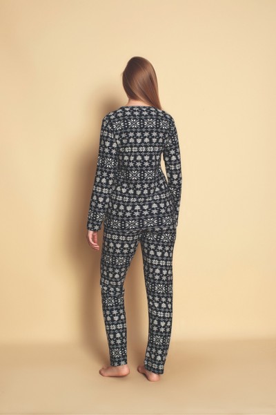 Kadın Sıfır Yaka Baskılı Süet Yumuşak Kumaş Uzun Kollu Pijama Takımı LACİVERT-M