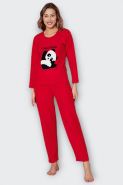 Kadın Sıfır Yaka Pandalı Polar Pijama Takımı KIRMIZI-L