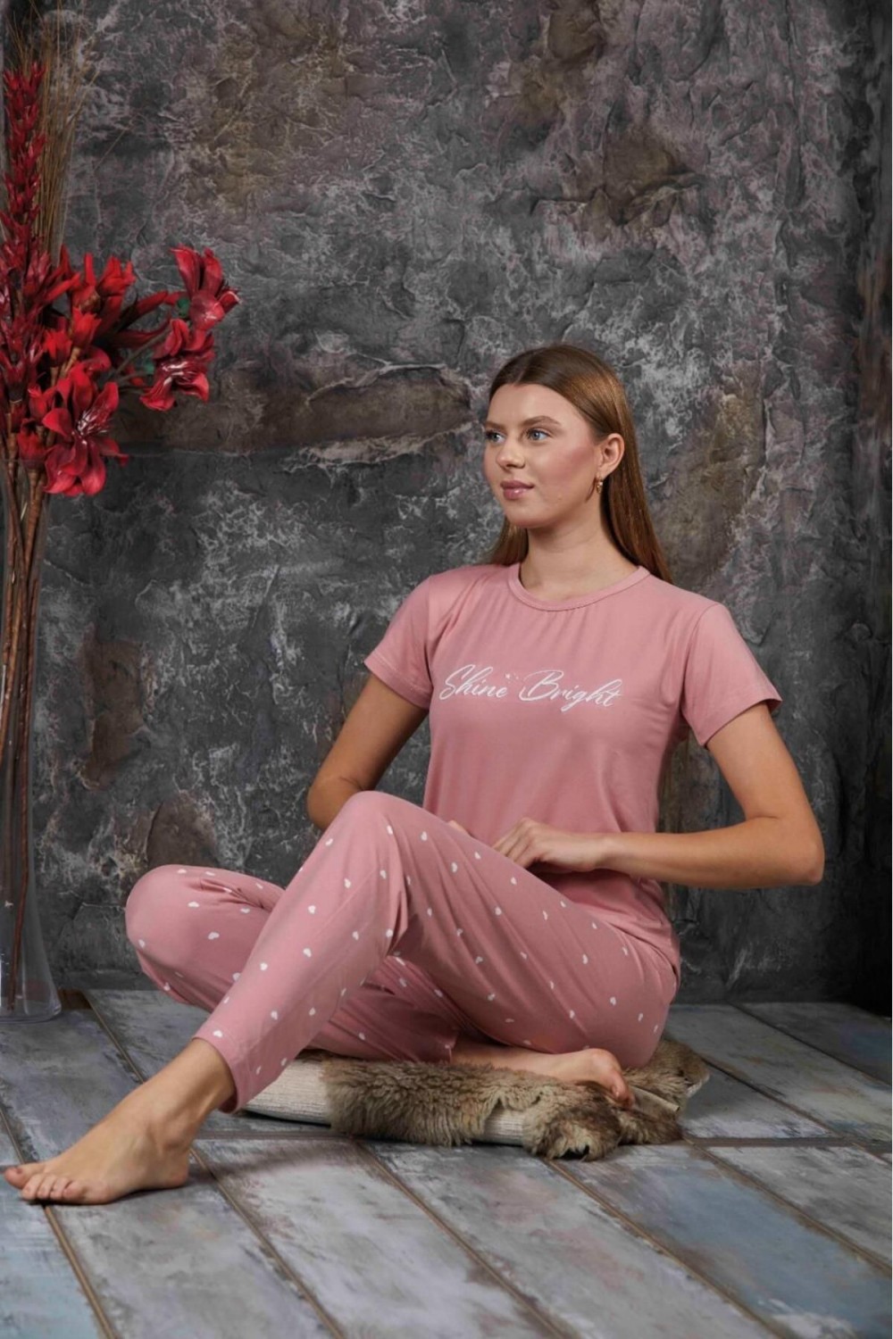 Kadın Sıfır Yaka Yazlık Kısa Kol  Pijama Takımı YENİ SEZON