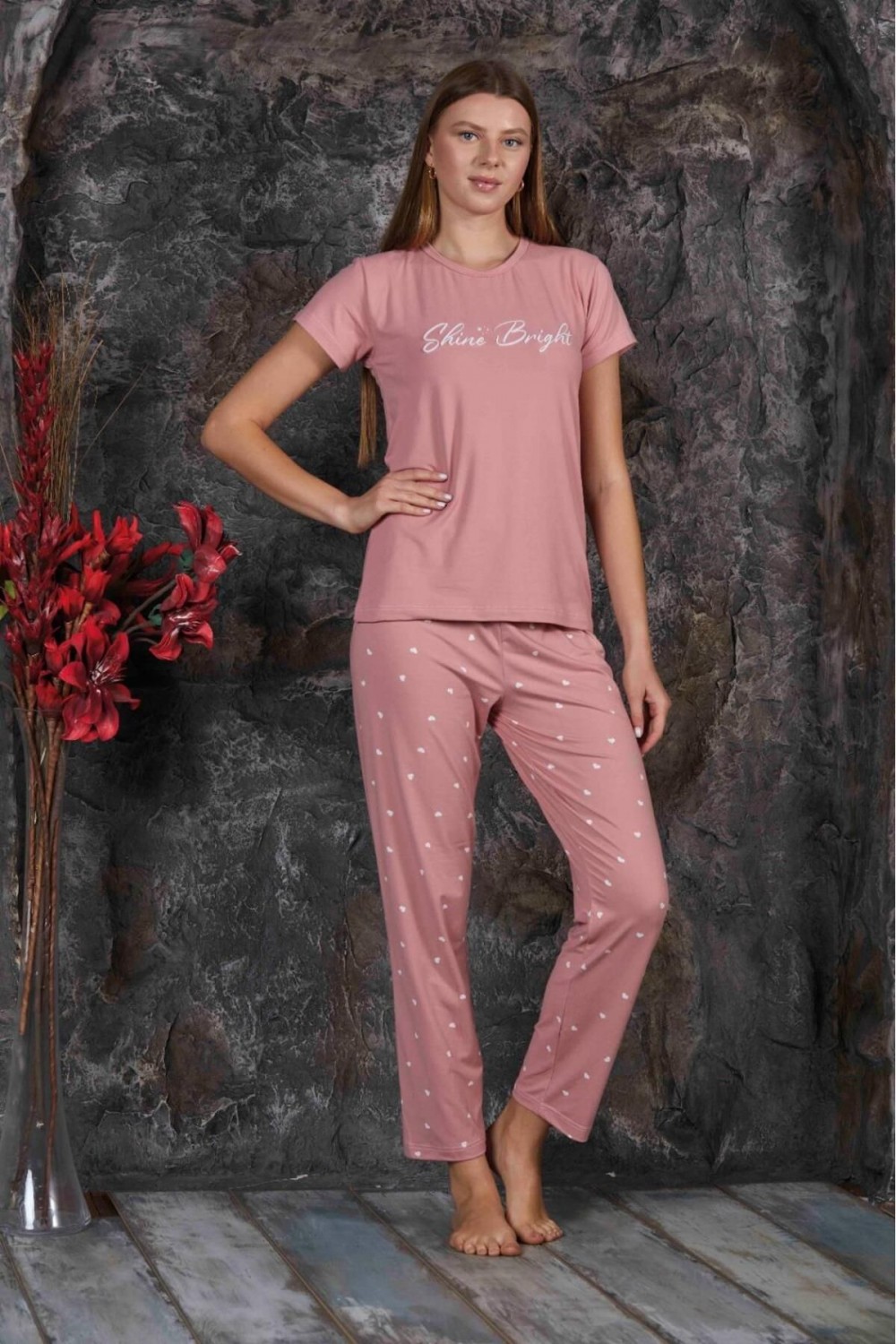 Kadın Sıfır Yaka Yazlık Kısa Kol  Pijama Takımı YENİ SEZON