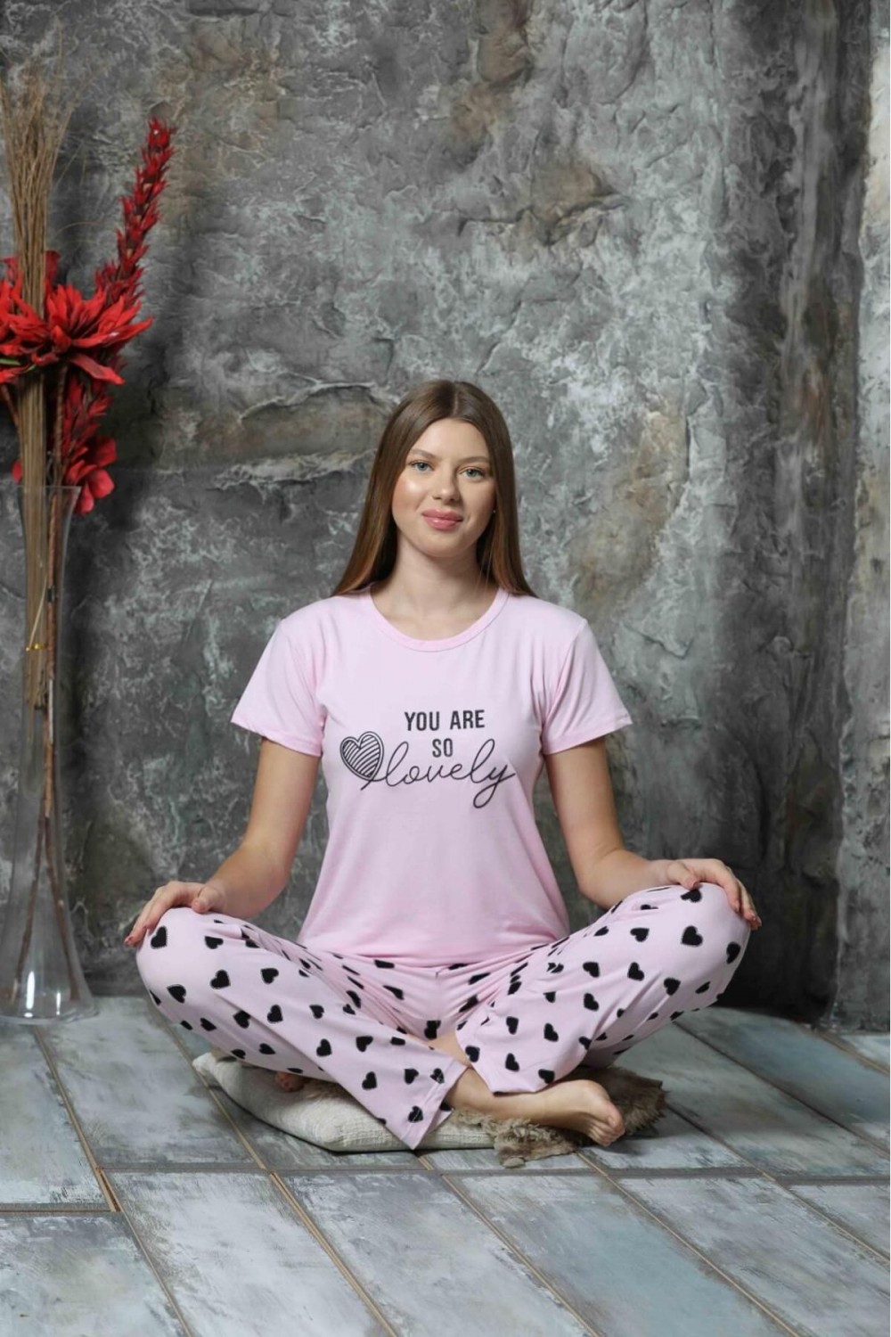 Kadın Sıfır Yaka Yazlık Kısa Kol Pijama Takımı Yeni Sezon