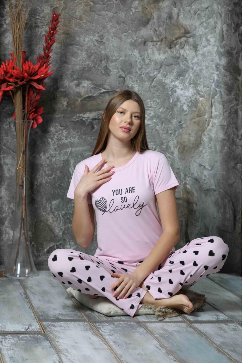 Kadın Sıfır Yaka Yazlık Kısa Kol Pijama Takımı Yeni Sezon