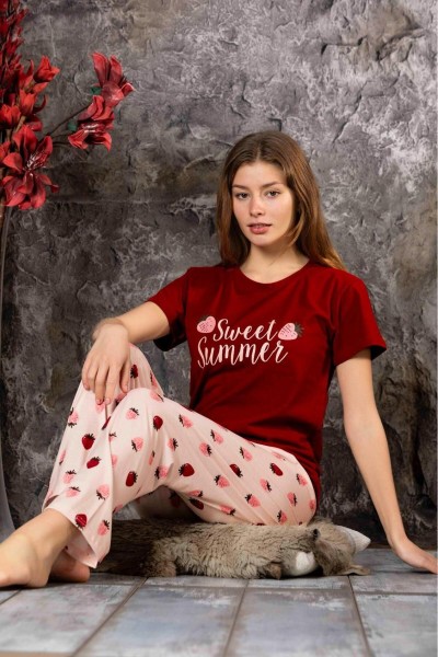 Kadın Sıfır Yaka Yazlık Kısa Kol Pijama Takımı Yeni Sezon