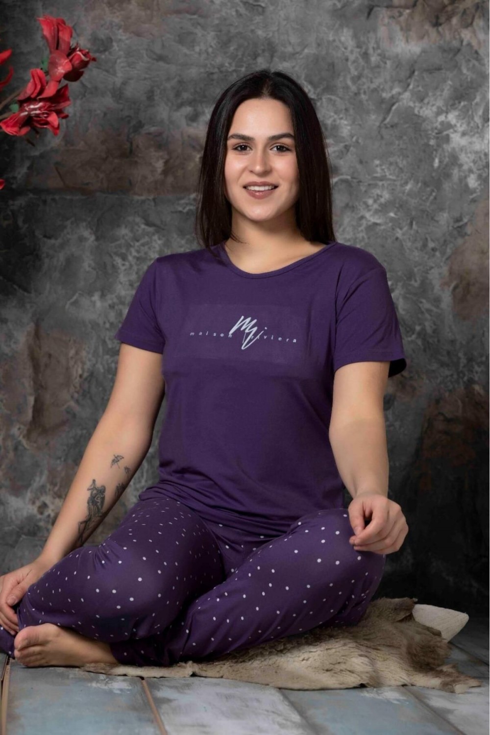 Kadın Sıfır Yaka Yazlık Kısa Kol  Pijama Takımı YENİ SEZON