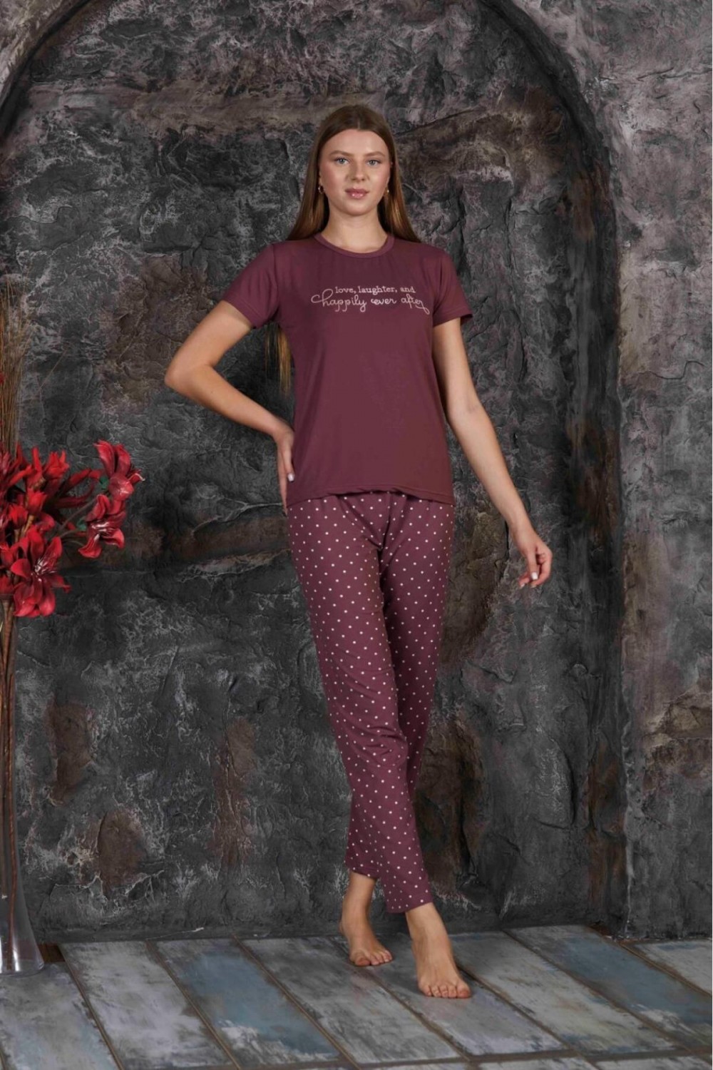 Kadın Sıfır Yaka Yazlık Kısa Kol  Pijama Takımı YENİ SEZON