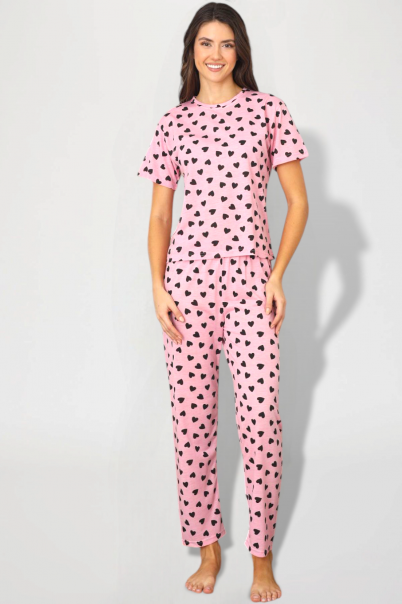 Kadın Yazlık Kısa Kol Penye Süprem Kumaş Pijama Takımı PEMBE-2XL