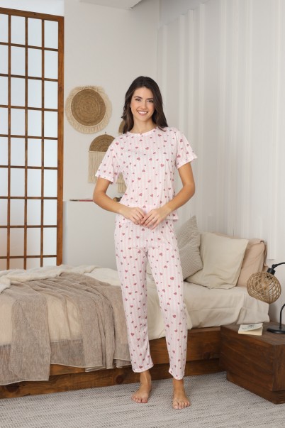 Kadın Yazlık Kısa Kol Penye Süprem Kumaş Pijama Takımı PEMBE-2XL