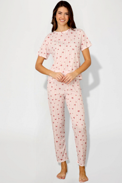 Kadın Yazlık Kısa Kol Penye Süprem Kumaş Pijama Takımı PEMBE-2XL