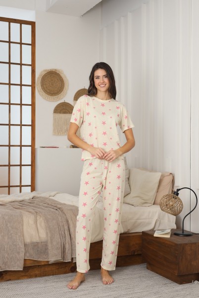 Yıldız Desenli Kısa Kollu Penye Süprem Yazlık Kadın Pijama Takımı