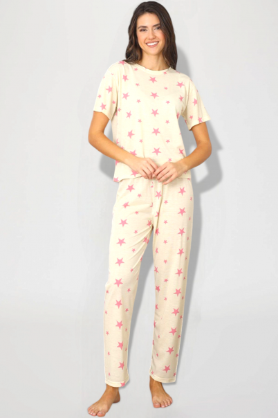 Yıldız Desenli Kısa Kollu Penye Süprem Yazlık Kadın Pijama Takımı