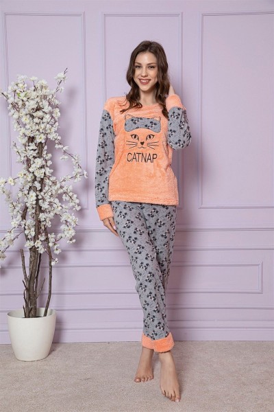  Kedi Desenli Kışlık Kadın Peluş Polar Uzun Kol Pijama Takımı