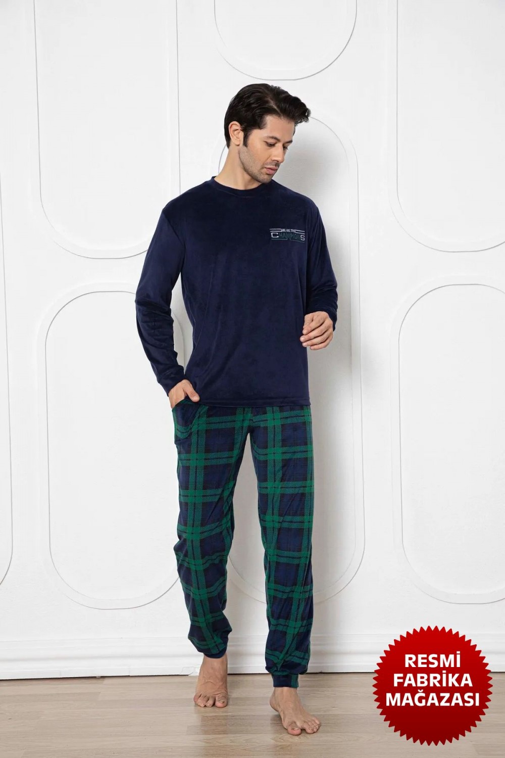 Lacivert Erkek Kadife Kışlık Pijama Takımı Bisiklet Yaka Uzun Kollu, Yeşil Kareli Alt Pijama