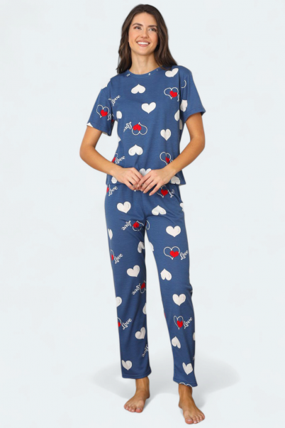 Mavi Kalp ve Love Desenli Kısa Kollu Penye Süprem Kadın Pijama Takımı