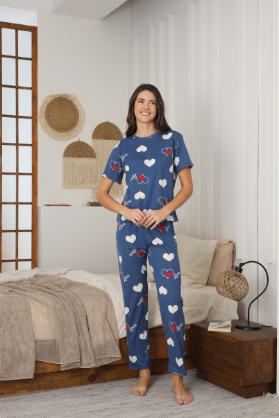 Mavi Kalp ve Love Desenli Kısa Kollu Penye Süprem Kadın Pijama Takımı