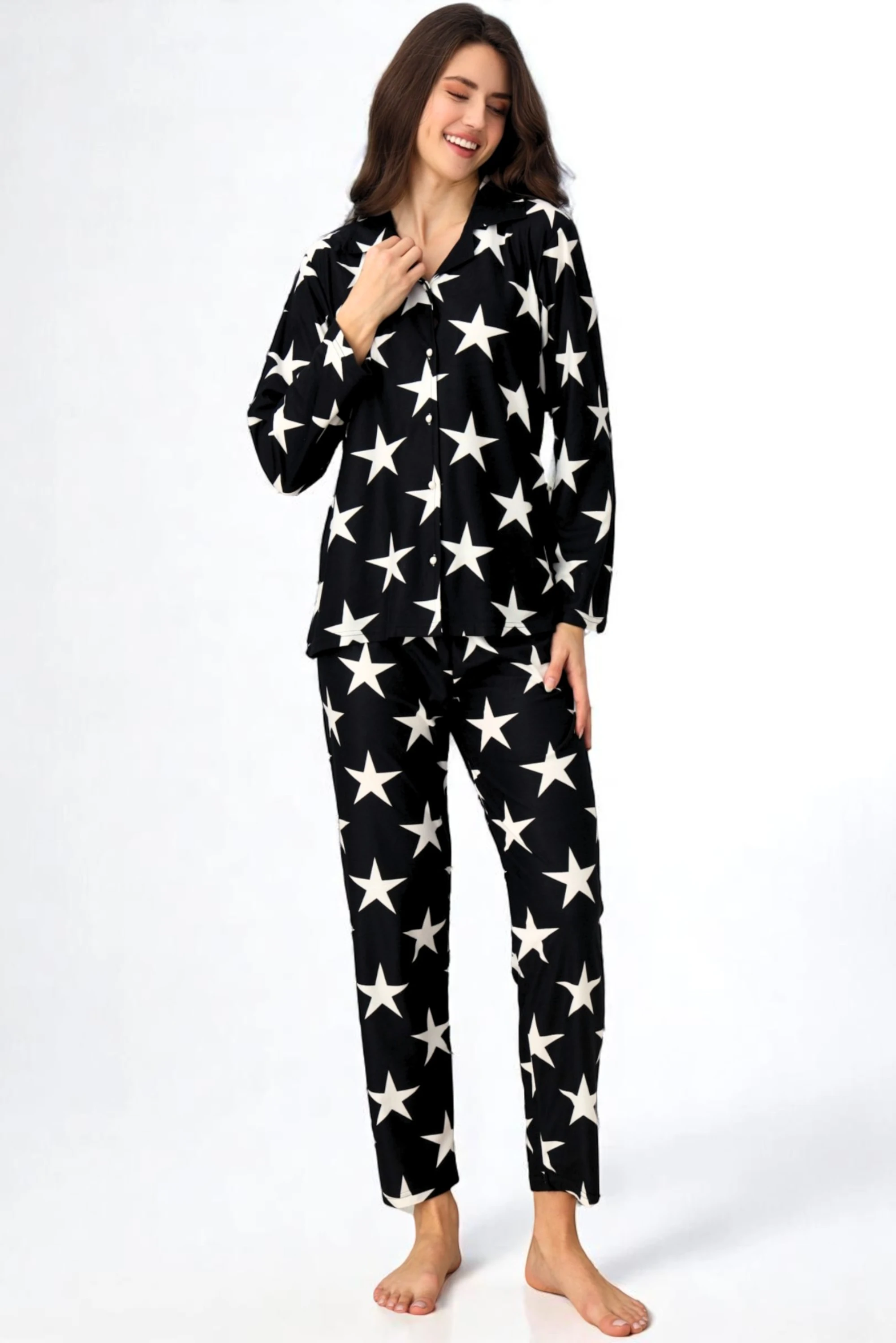 Önden Düğmeli Gömlek Model Kadın Pijama Takımı Süet Kumaş SİYAH-S/M