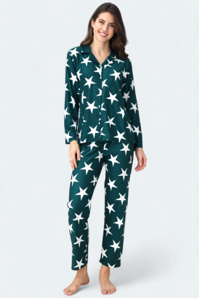Önden Düğmeli Gömlek Model Kadın Pijama Takımı Süet Kumaş Yeşil-XL