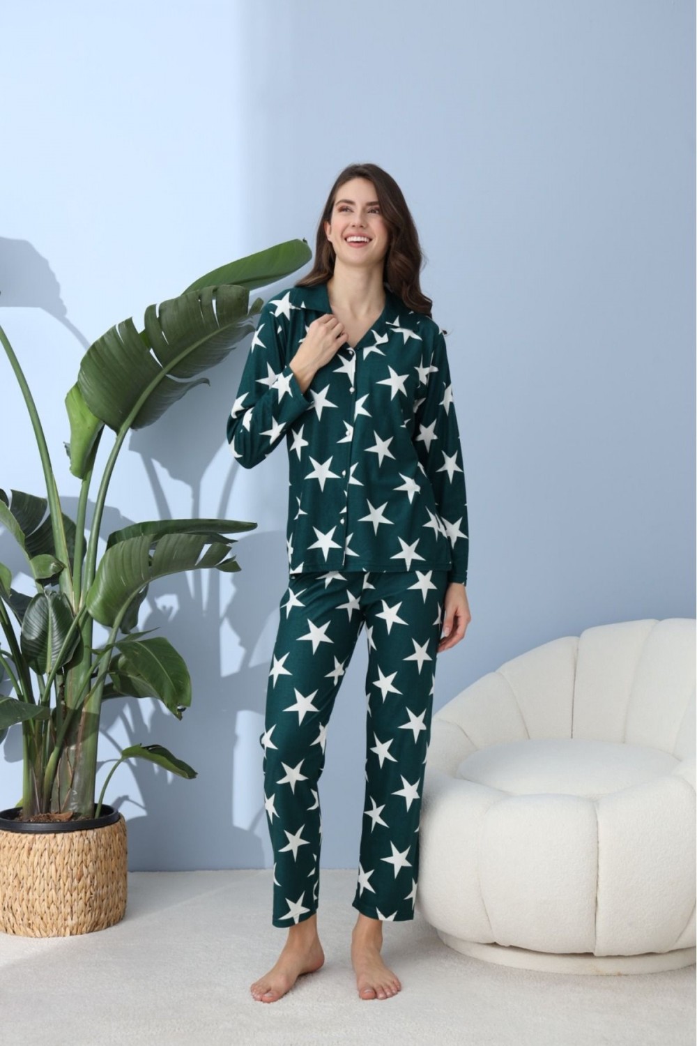 Önden Düğmeli Gömlek Model Kadın Pijama Takımı Süet Kumaş