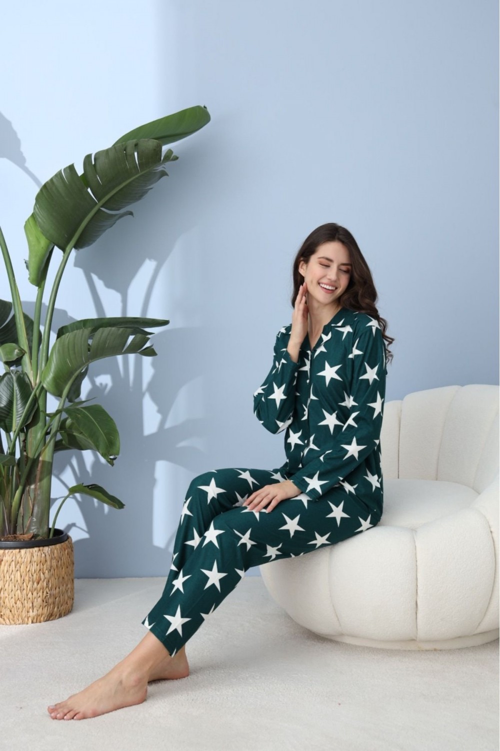 Önden Düğmeli Gömlek Model Kadın Pijama Takımı Süet Kumaş