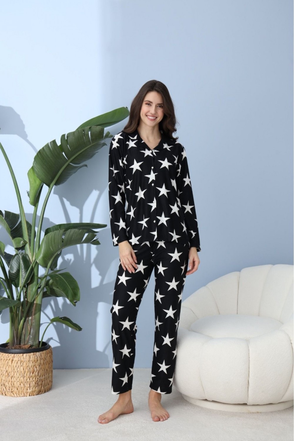 Önden Düğmeli Gömlek Model Kadın Pijama Takımı Süet Kumaş