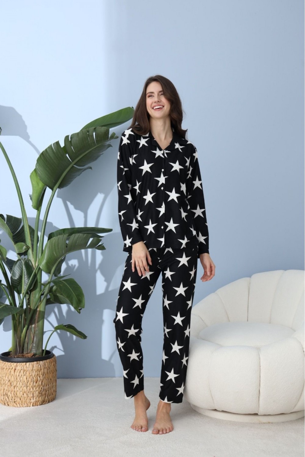 Önden Düğmeli Gömlek Model Kadın Pijama Takımı Süet Kumaş