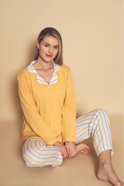 Önden düğmeli Gömlek Model Kadın Pijama Takımı YENİ SEZON SARI-M
