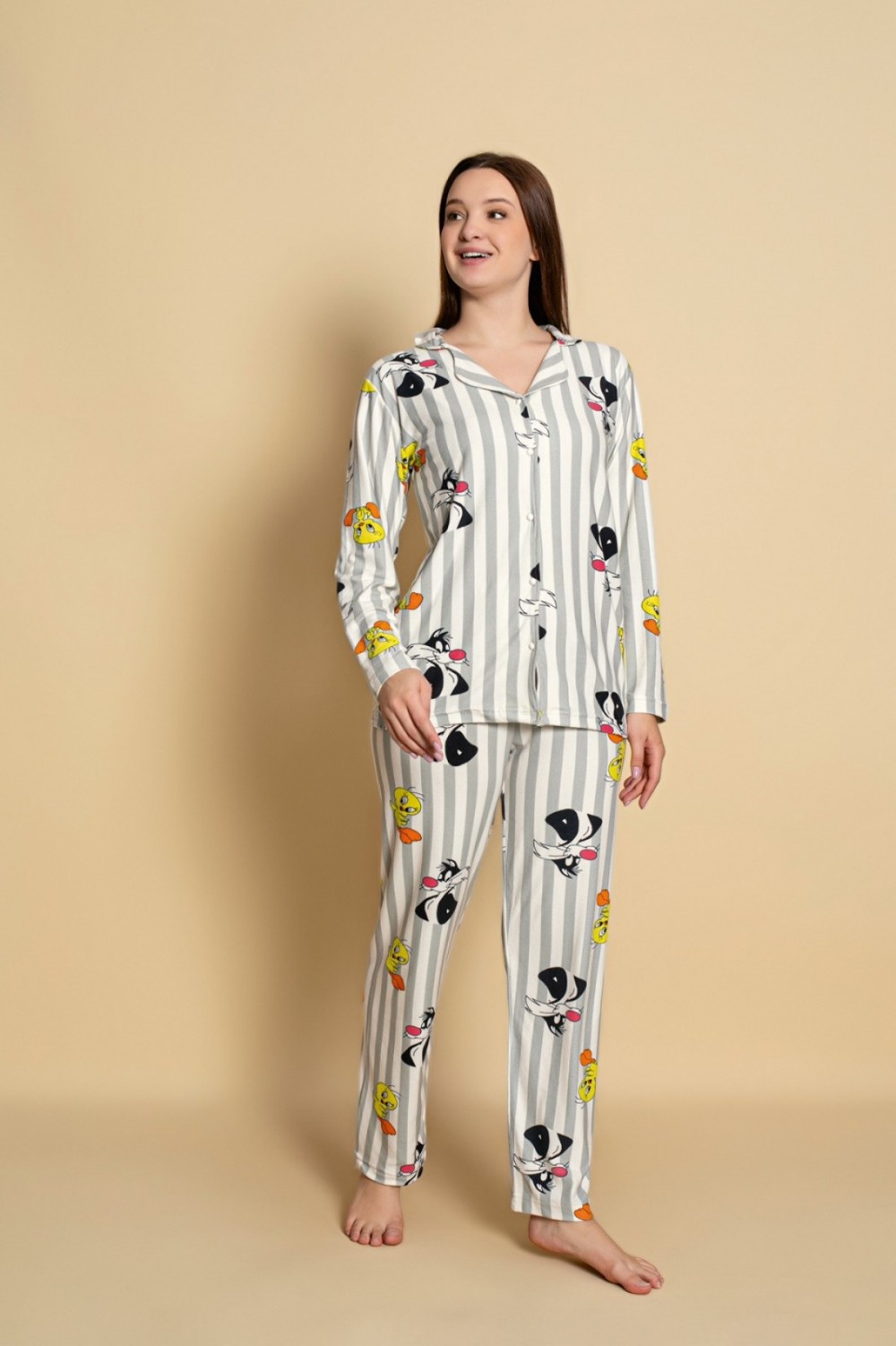Önden Düğmeli Kadın Pijama Takımı Süet Kumaş GRİ-2XL