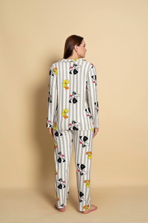 Önden Düğmeli Kadın Pijama Takımı Süet Kumaş GRİ-2XL