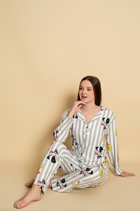 Önden Düğmeli Kadın Pijama Takımı Süet Kumaş GRİ-2XL