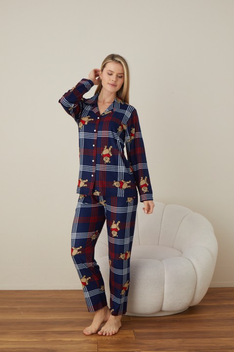 Önden Düğmeli Kadın Pijama Takımı Süet Kumaş LACİVERT-XL
