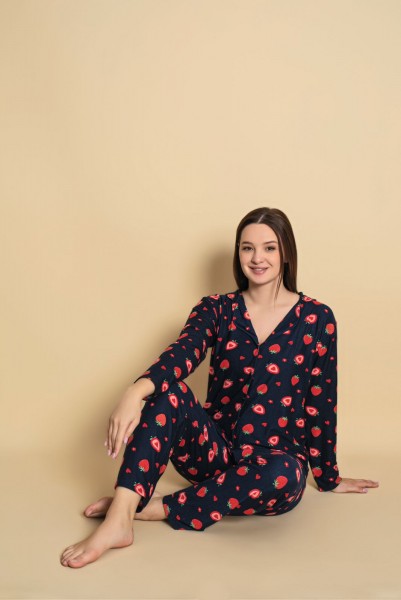 Önden Düğmeli Kadın Pijama Takımı Süet Kumaş LACİVERT-L