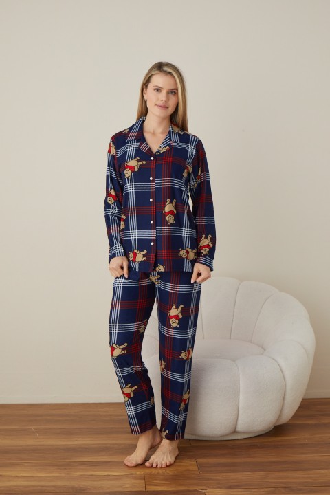 Önden Düğmeli Kadın Pijama Takımı Süet Kumaş LACİVERT-XL