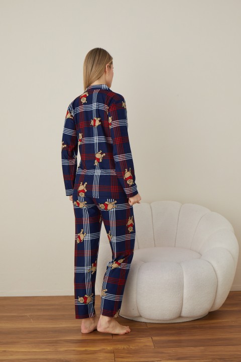 Önden Düğmeli Kadın Pijama Takımı Süet Kumaş LACİVERT-XL
