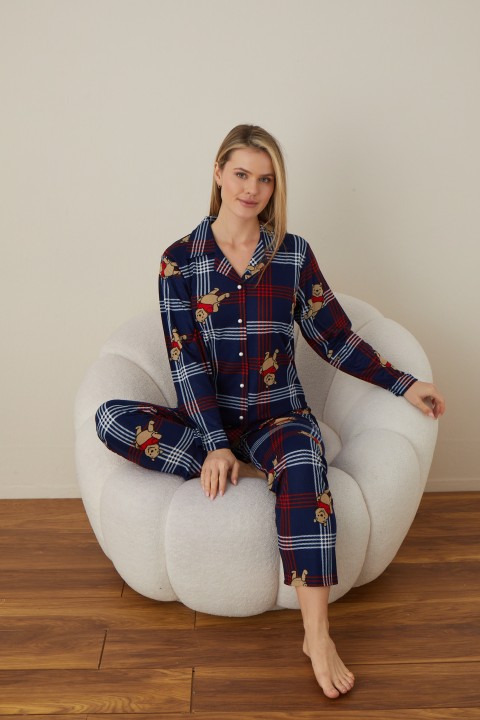 Önden Düğmeli Kadın Pijama Takımı Süet Kumaş LACİVERT-XL