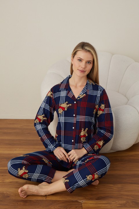 Önden Düğmeli Kadın Pijama Takımı Süet Kumaş LACİVERT-XL