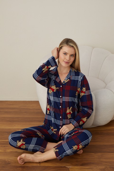Önden Düğmeli Kadın Pijama Takımı Süet Kumaş LACİVERT-XL