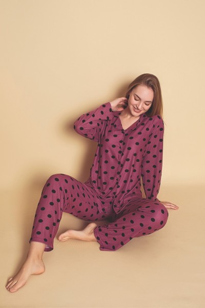Önden Düğmeli Kadın Pijama Takımı Süet Kumaş MOR-M