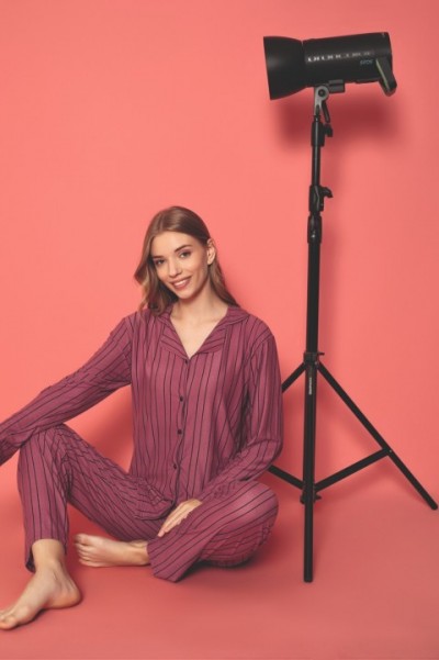Önden Düğmeli Kadın Pijama Takımı Süet Kumaş MOR-XL