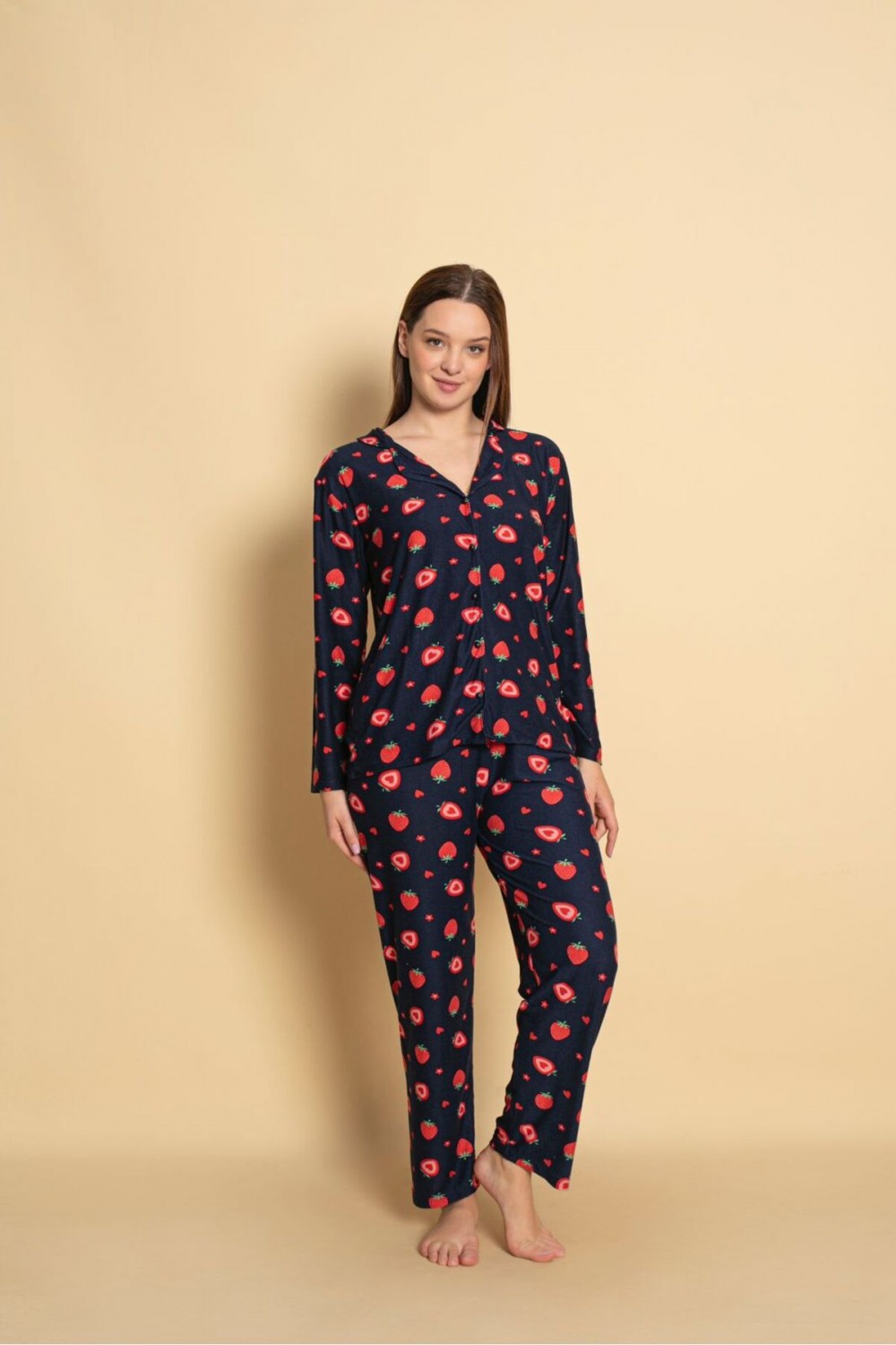 Önden Düğmeli Kadın Pijama Takımı Süet Kumaş