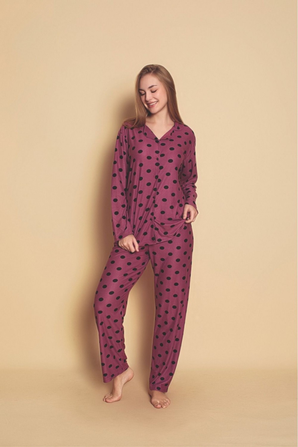 Önden Düğmeli Kadın Pijama Takımı Süet Kumaş