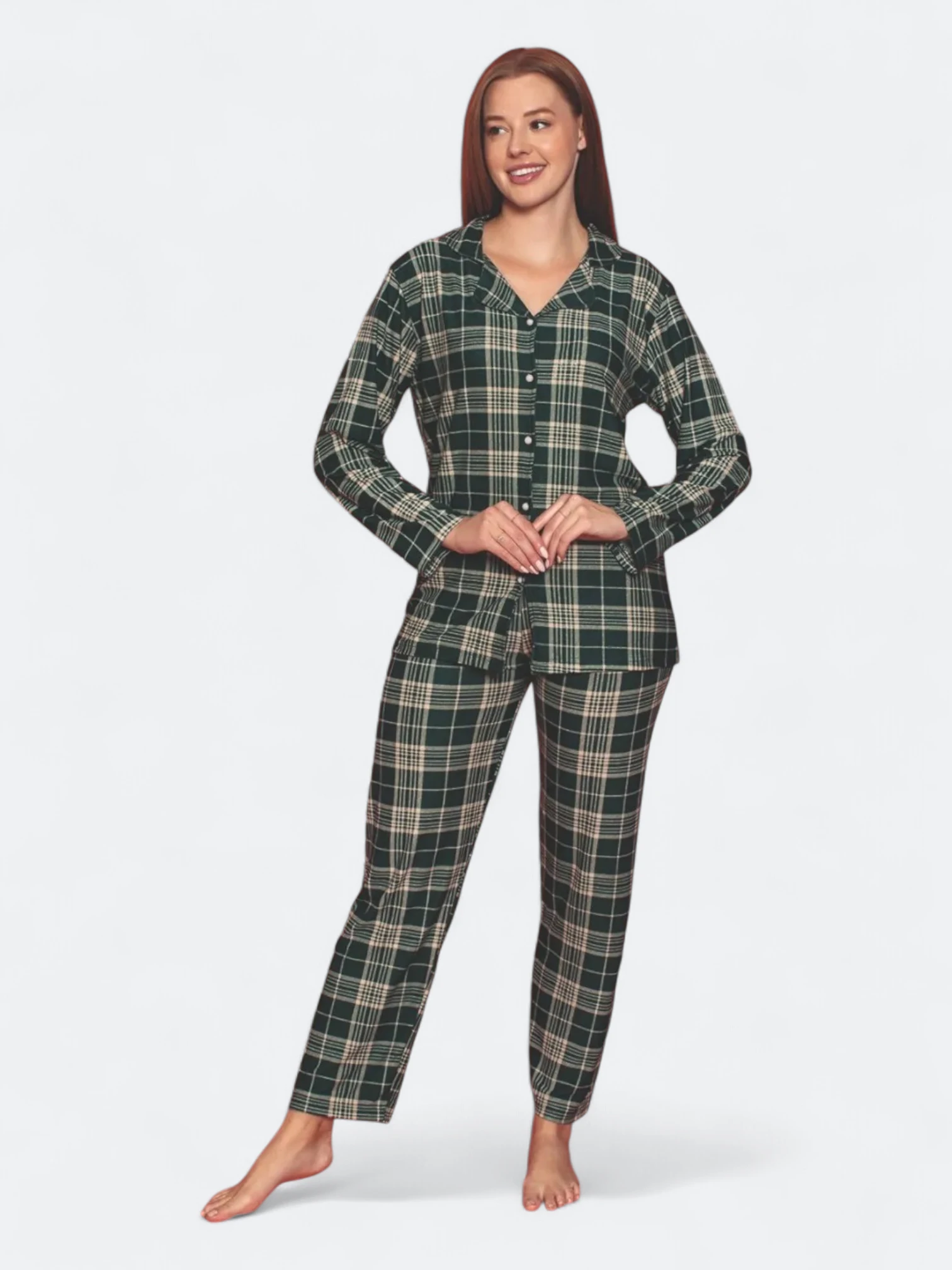Ekose Önden Düğmeli Suet Kumaş Kadın Pijama Takımı
