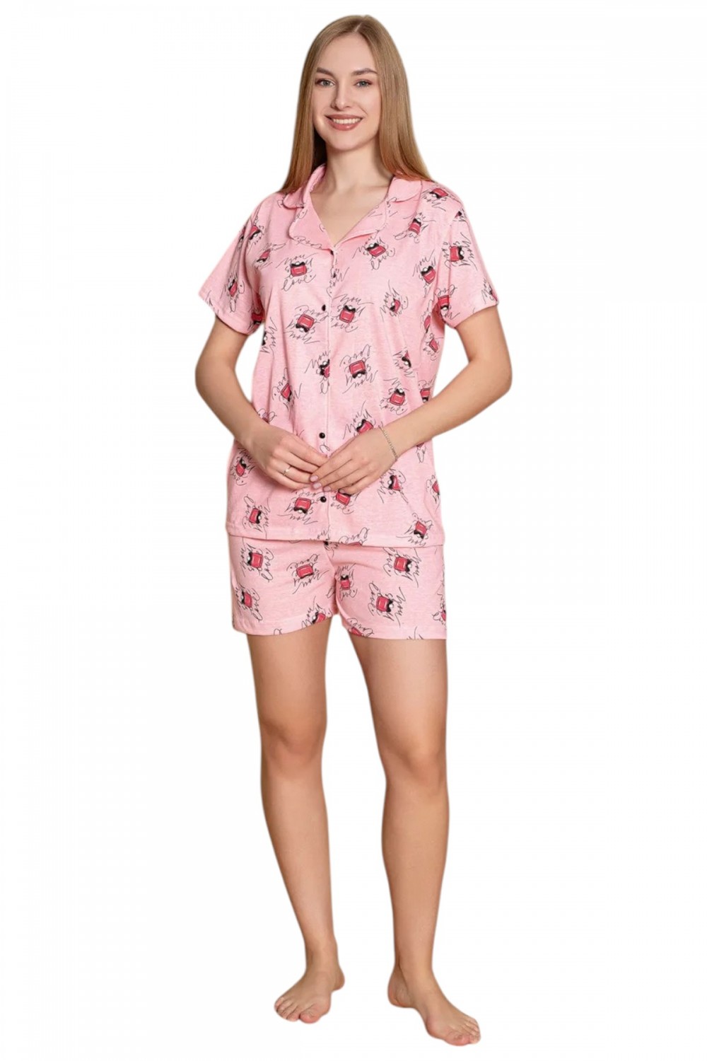 Pembe Desenli Kısa Kol Şortlu Önden Düğmeli Kadın Pijama Takımı