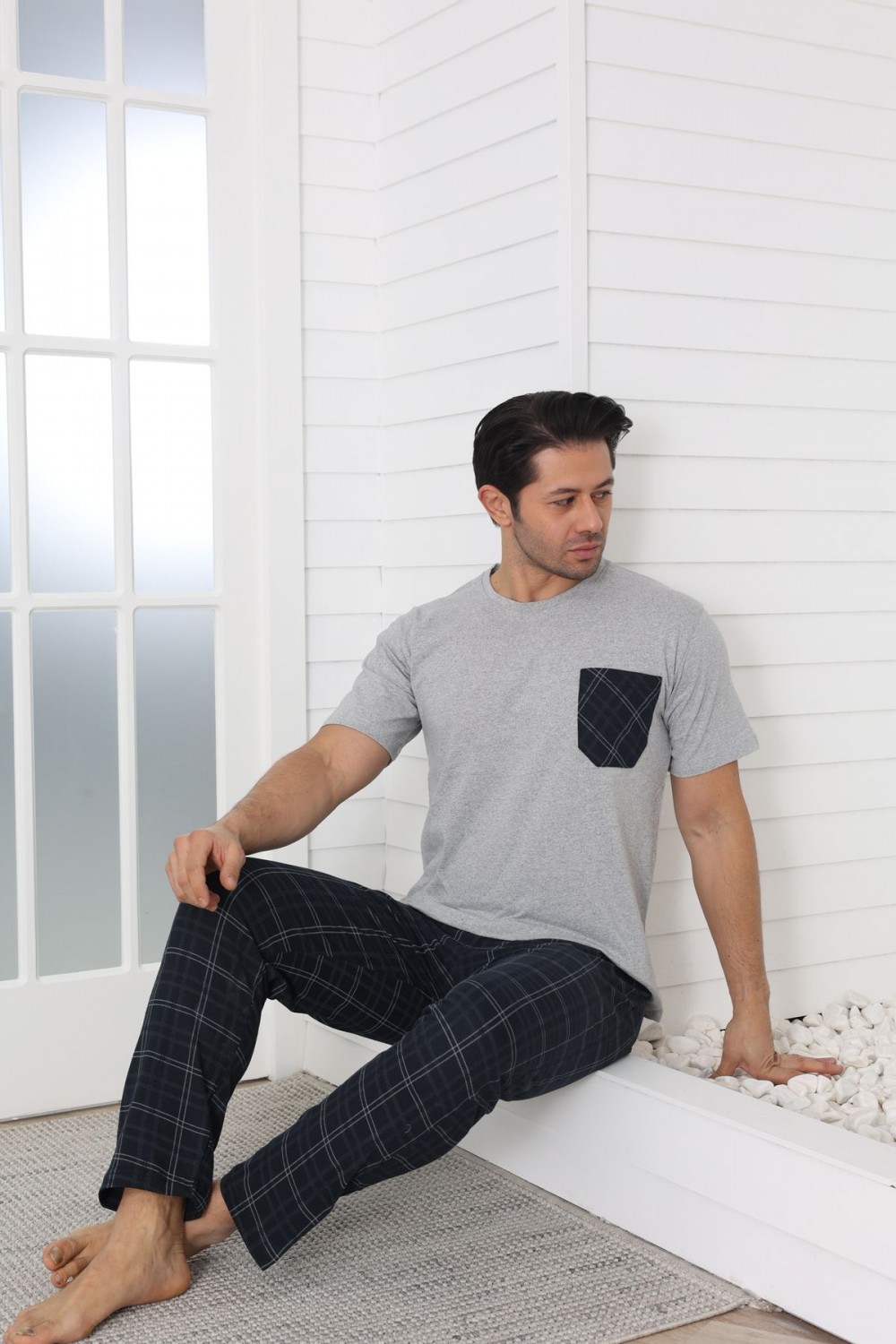 YENİ SEZON Erkek Kısa Kollu Yazlık Pijama Takımı - Gri